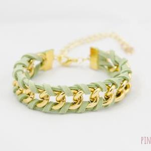 Green Mint Leather Bracelet , Green Woven Chain..