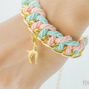 Reindeer With Pastel Braided Chunky Chain Bracelet..