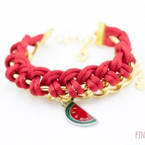 Watermelon Braided Chain Bracelet, Red Woven Chain..