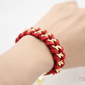 Red Woven Chain Bracelet , Gold Chain Bracelet ,..