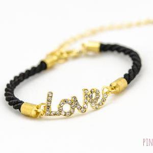 Gold Love Bracelet Black , Rhinestone Gold Love..