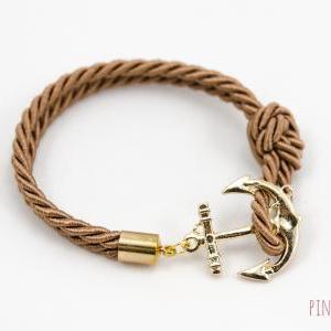 Gold Anchor Rope Bracelet With Dark Brown Color ,..