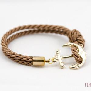 Gold Anchor Rope Bracelet With Brown Color ,..