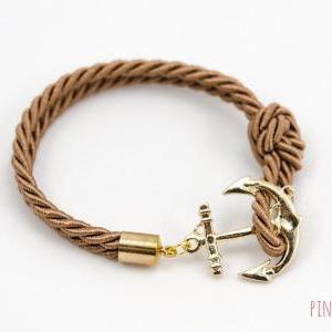 Gold Anchor Rope Bracelet With Brown Color ,..