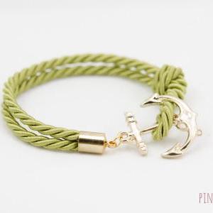 Gold Anchor Rope Bracelet With Green , Anchor..