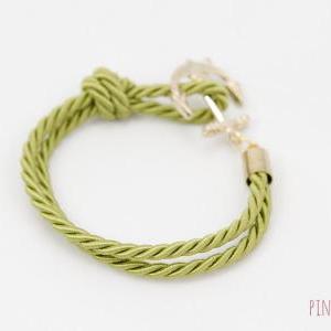 Gold Anchor Rope Bracelet With Green , Anchor..