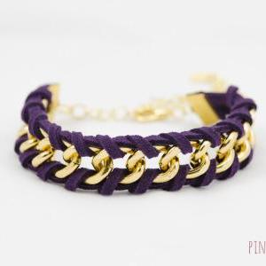 Woven Bracelet With Purple Leather, Leather..