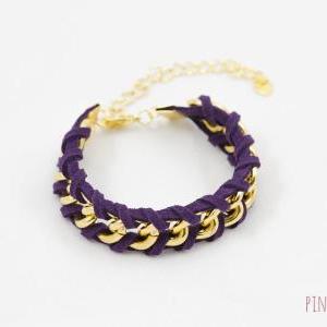 Woven Bracelet With Purple Leather, Leather..