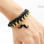 mustache Gold Braided Chain Bracelet , mustache with black woven chain bracelet , braided bracelet