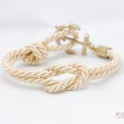 Ivory Nautical Anchor Bracelet , Nautical Rope Knot bracelet , Ivory Square Knot Bracelet , Anchor Bracelet