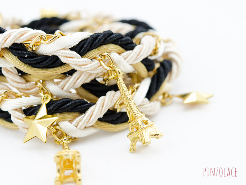 Triple Wrap Bracelet With Paris Eiffel Tower Star And Gold Chain Braided Bracelet