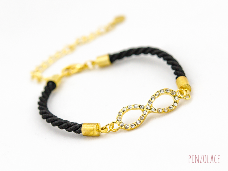 Bridesmaid Gift Infinity Bracelet ,tiny Infinity Bracelet Black , Rhinestone Gold Infinity Bracelet With Black Color