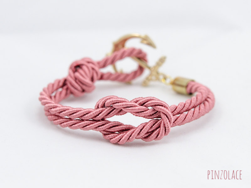 Anchor Tie the Knot Bracelet with coral pink , Anchor bracelet ,Nautical Square Knot Bracelet,bridesmaids gift