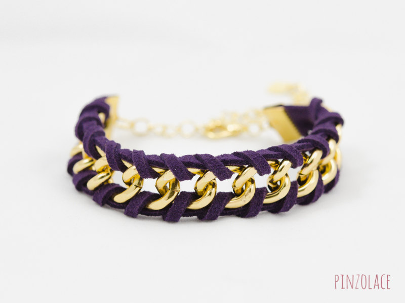 Woven Bracelet With Purple Leather, Leather Bracelet , Violet Woven Chain Bracelet , Gold Chain Bracelet