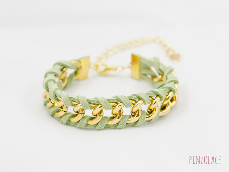 Green Mint Leather Bracelet , Green Woven Chain Bracelet , Gold Chain Bracelet , Woven Bracelet