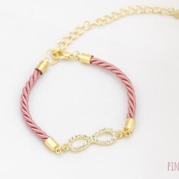 Rhinestone Gold infinity Bracelet with coral pink color , tiny infinity bracelet coral pink ,bridesmaid gift infinity bracelet